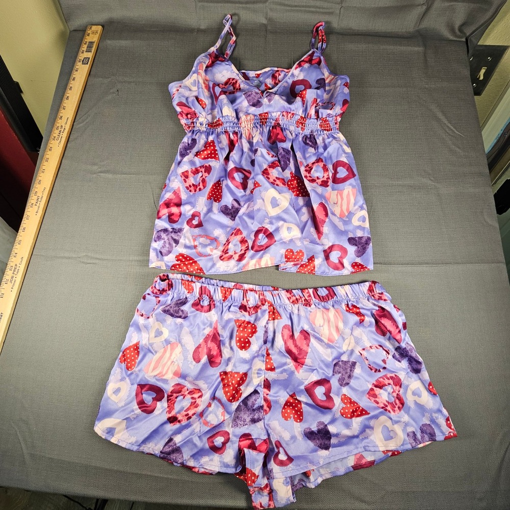 Enchanting Purple Heart Print Satin Pajama Set Camisole Shorts Womens Large‎ L